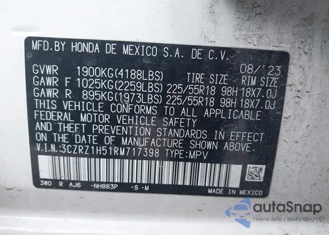 2024 Honda Hr-V 2Wd Sport/2Wd Sport W/O Bsi z USA, uszkodzony, nr VIN 3CZRZ1H51RM717398